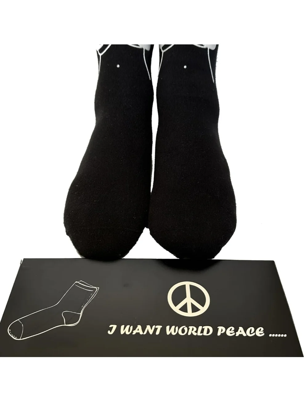 Unisex Black Novelty I Want World Peace Crew Socks with Graphic Print